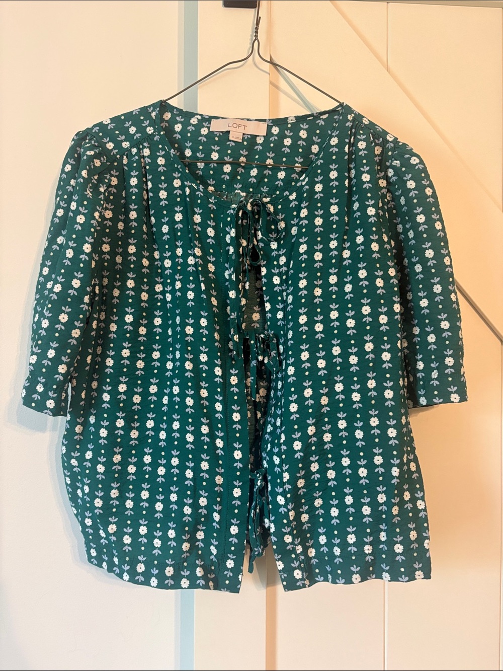 LOFT Teal Green Floral Tie-Front Blouse